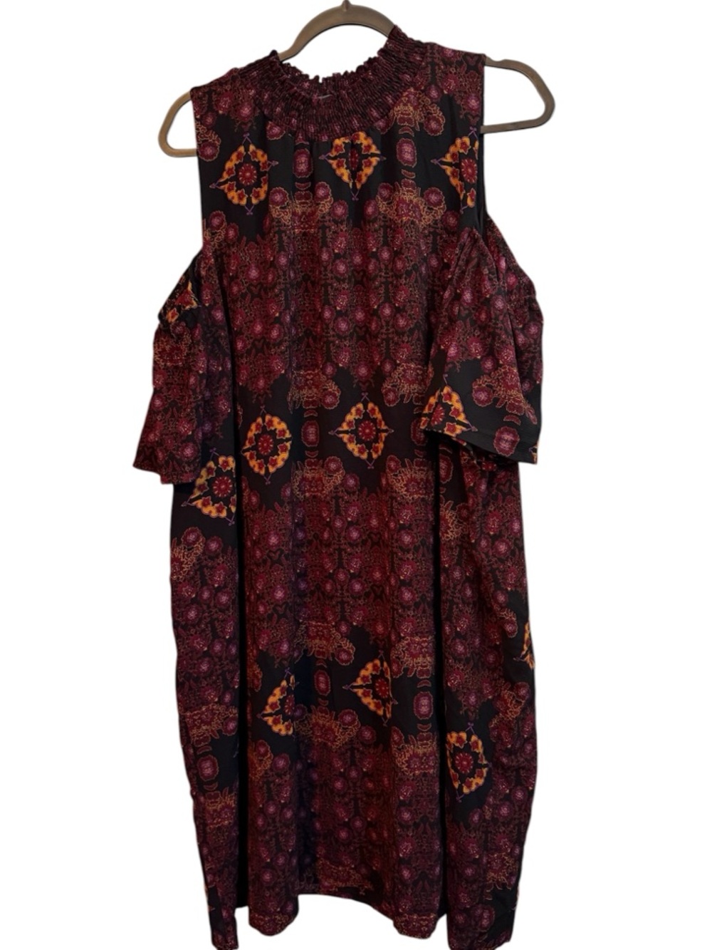 Cold-Shoulder Smocked Neck Boho Dress - Burgundy Floral